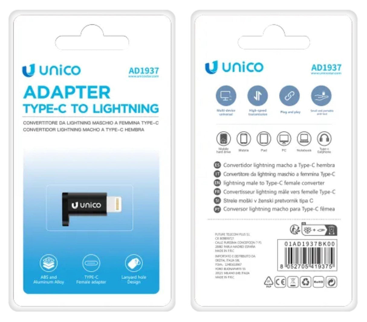 EAN 8052705419375 - UNICO AD1937 cambiador de género para cable USB-C Lightning Negro imagen 2