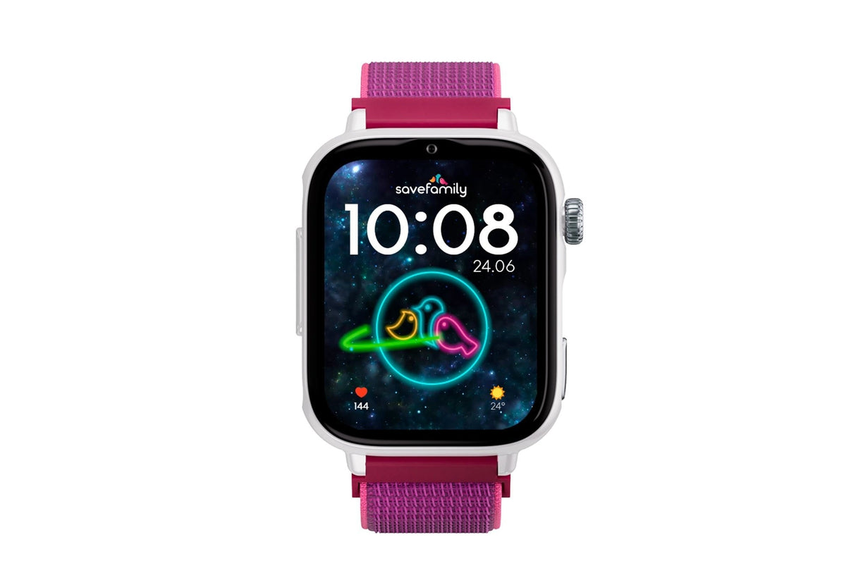 Savefamily Reloj Inteligente Infantil Savewatch Plus 2 - Pantalla Amoled - Carcasa Blanca - Correa Tela Frambuesa