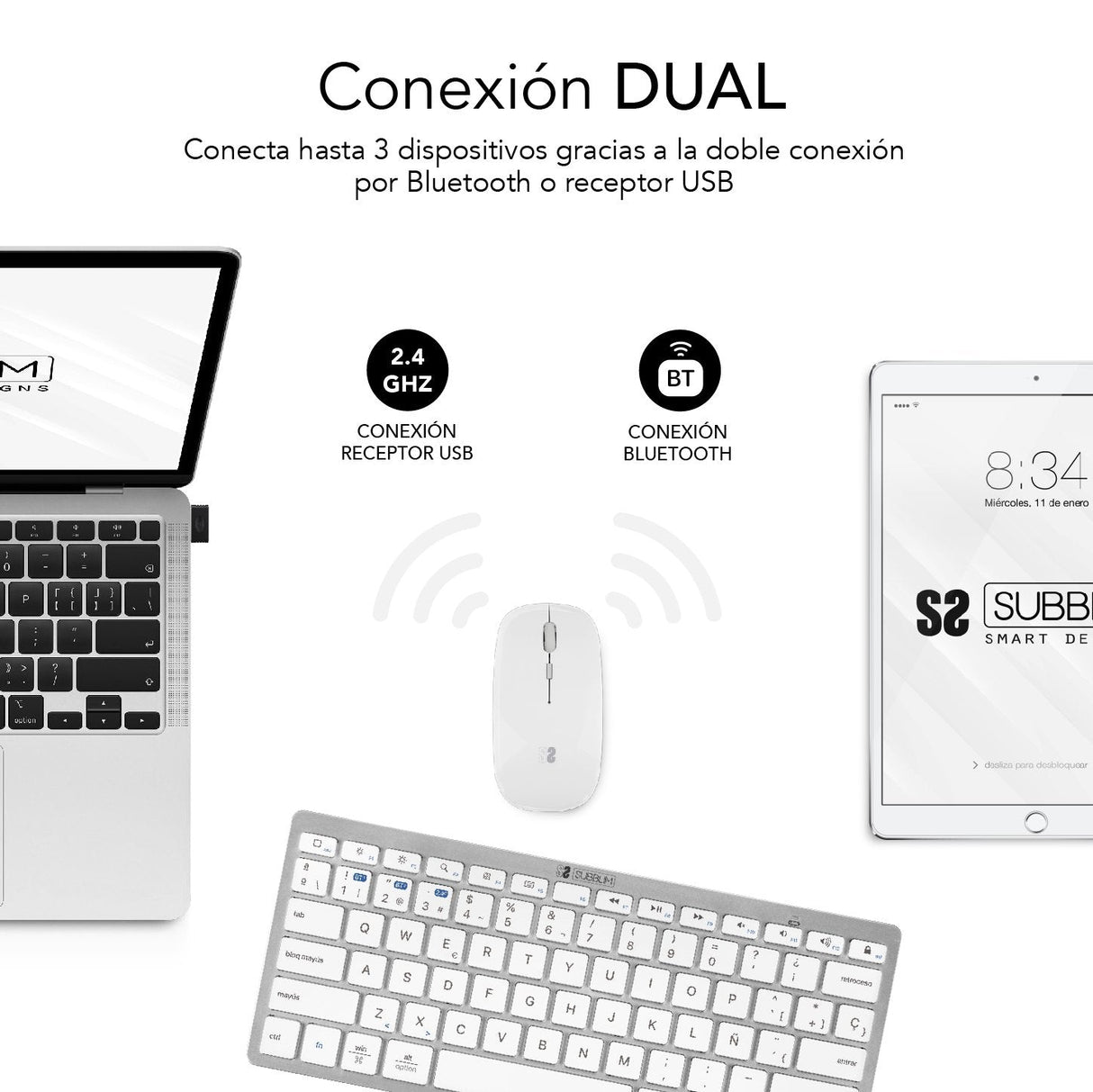 Teclado Y Ratón Inalámbrico Subblim Oco010 Combo Multidispositivo Compacto Plata