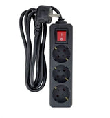 3-Way Schuko Power Strip  On/Off Switch 3m, Black