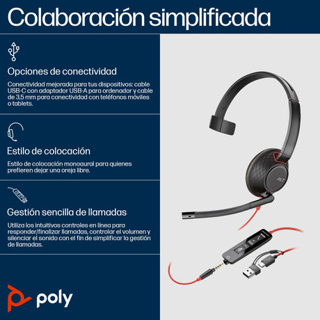 EAN 0197498433097 - HP Poly Blackwire 5210 Monaural USB-C Headset +3.5mm Plug +USB-C/A Adapter (Bulk) Alámbrico Diadema Ofici imagen 3