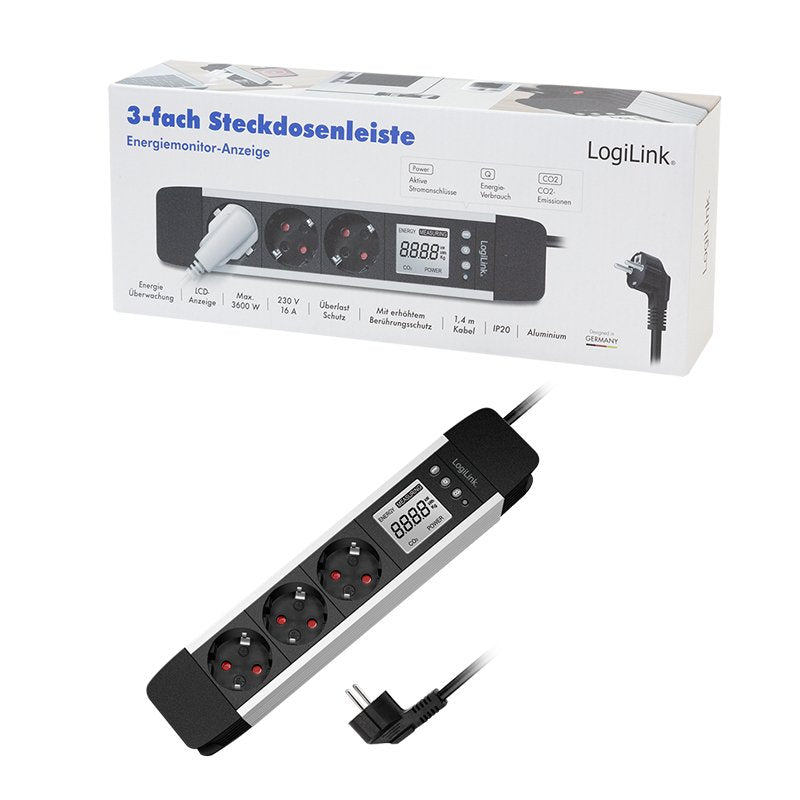 Regleta De  3 Tomas, Pantalla Lcd, Consumo De Energía/Emisiones De Co2 En Tiempo Real Logilink