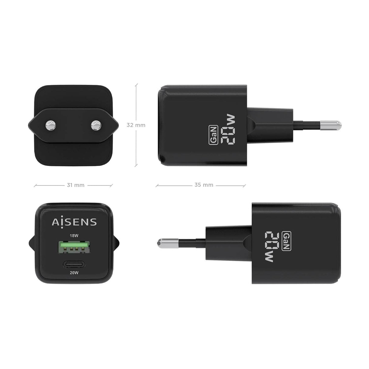 Aisens Cargador Gan 20w - 1xusb-C Pd3.0 Qc4.0 - 1xusb-A Qc3.0 - Negro