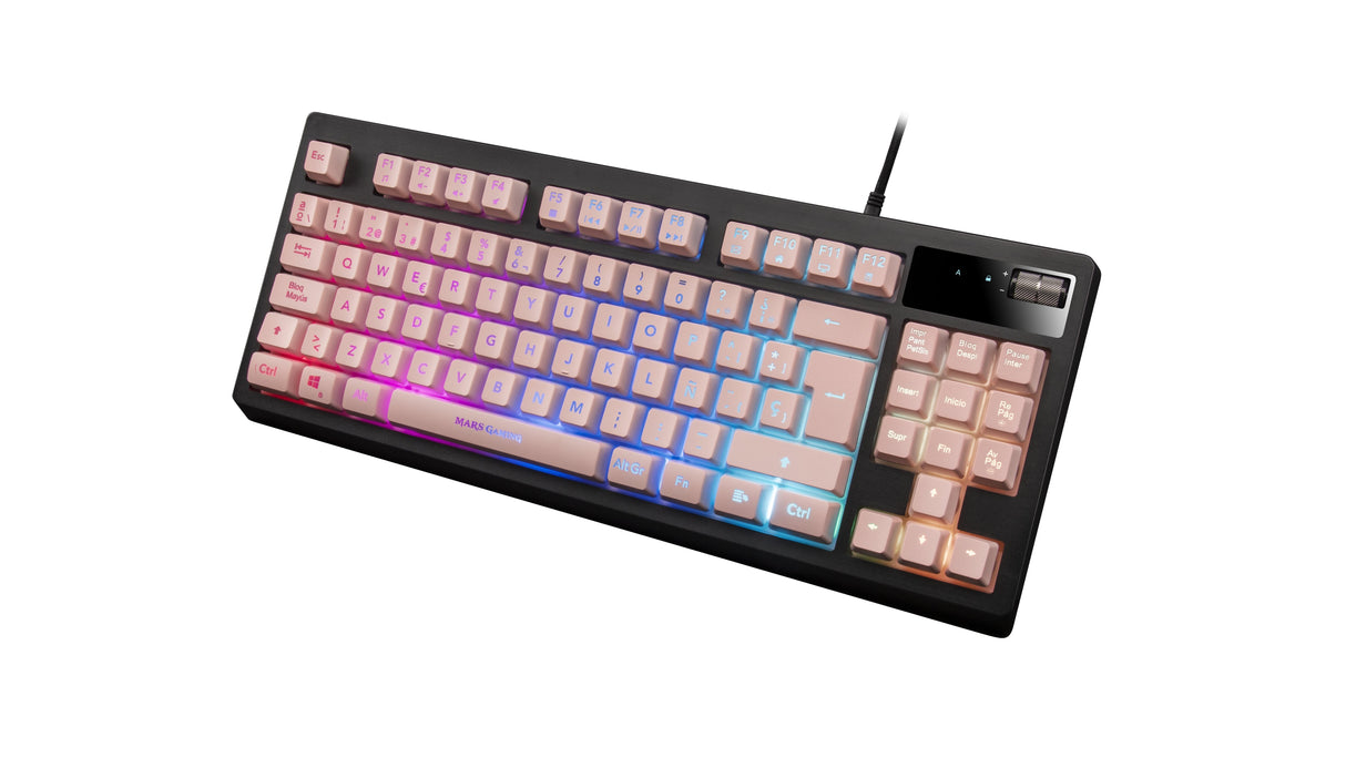 Teclado Mars Gaming Mkaxpes Pink Tecnología H-Mech Iluminación Rgb Control Reposamuñecas Gel Control Volumen Cable Usb 180cm