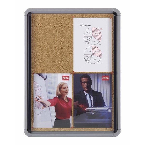 Nobo Vitrina Para 4 Hojas A4 Con Superficie De Corcho - 532x692x37mm - Puerta De Cristal De Seguridad - Marco De Aluminio - Color Natural