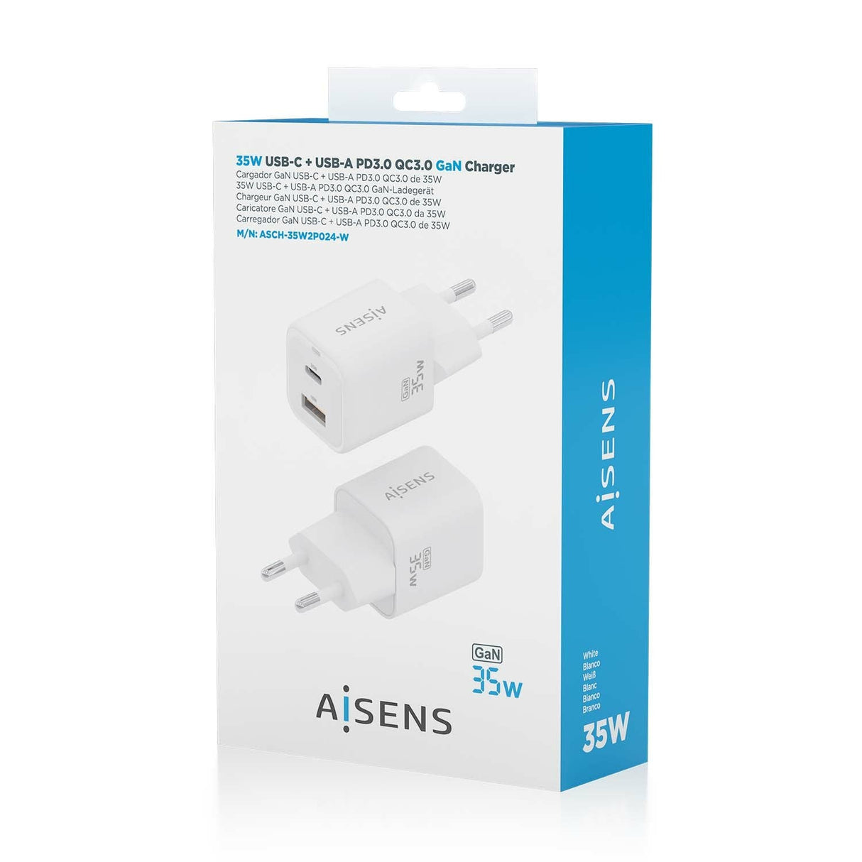 Aisens Cargador Gan 35w, 1xusb-C Pd3.0 Qc4.0, 1xusb-A Qc3.0, Blanco
