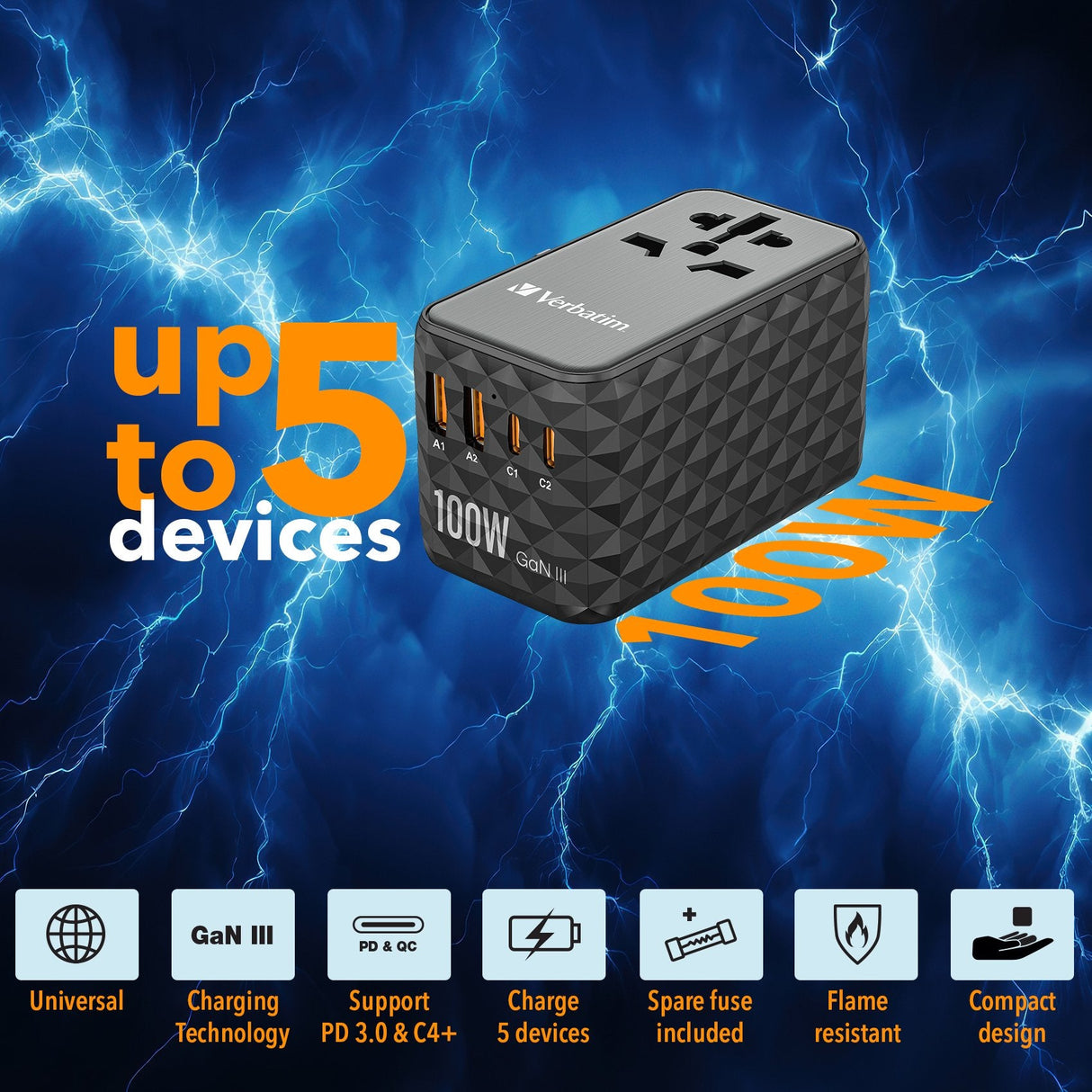 Cargador De Pared Universal Verbatim Uta-06 Gan Iii Toma De Corriente Universal 2xusb Tipo-C 2xusb 100w