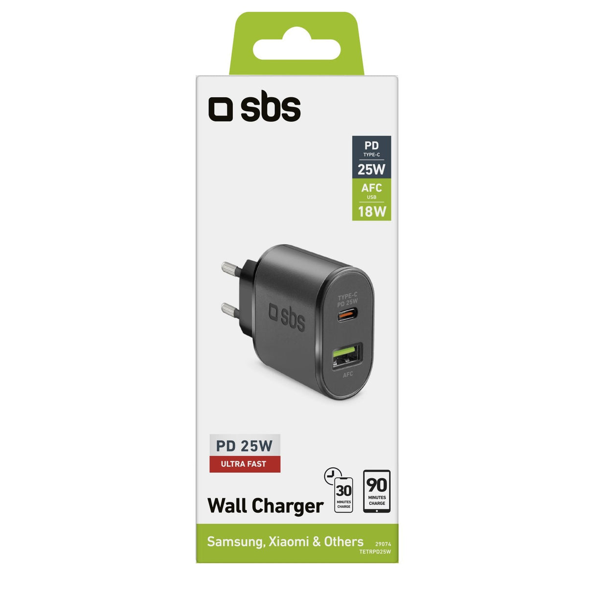 Cargador De Pared Sbs 1x Usb Type C Pd 25 W + 1x Usb Afc