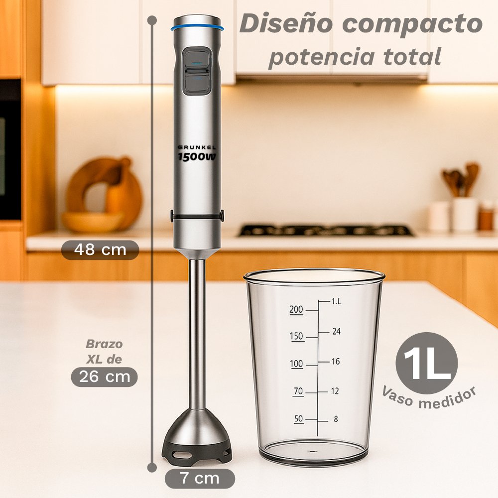 Batidora De Mano Grunkel Bm-1500set 1500w Capacidad 0.8l Incluye Vaso, Picadora, Varilla Y Soporte
