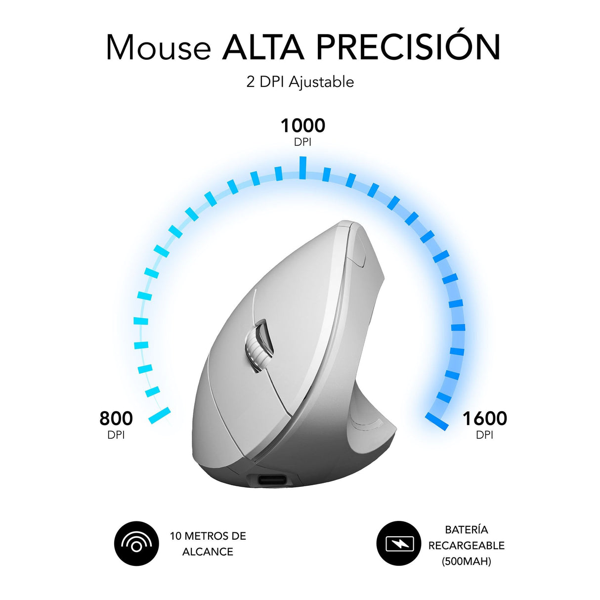 Raton Optico Dual Glide Vertical Ergo Dual Bateria Blanco Subblim Hasta 1600dpi/ Conexión Dual/ Rf, Bluetooth/ Batería Recargable