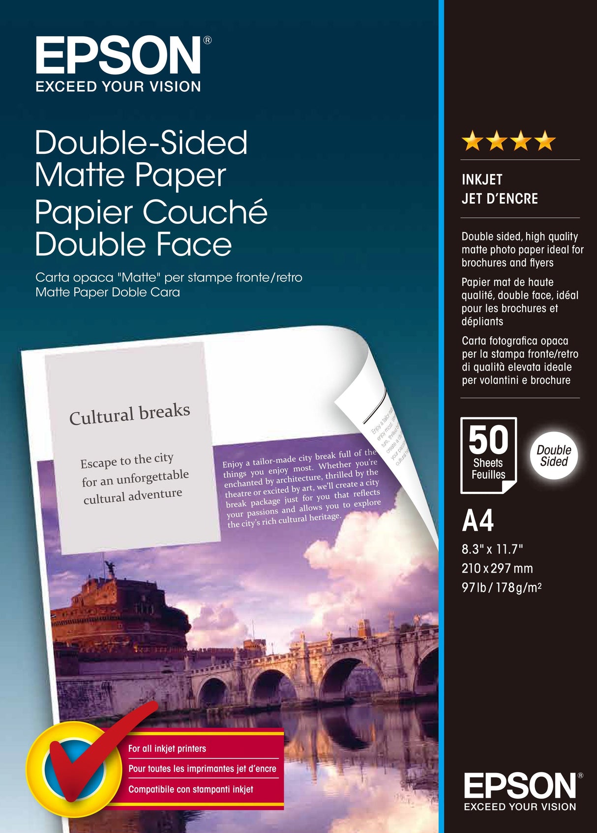 Papel Fotográfico Epson Double-Sided Matte C13s041569/ Din A4/ 178g/ 50 Hojas/ Mate