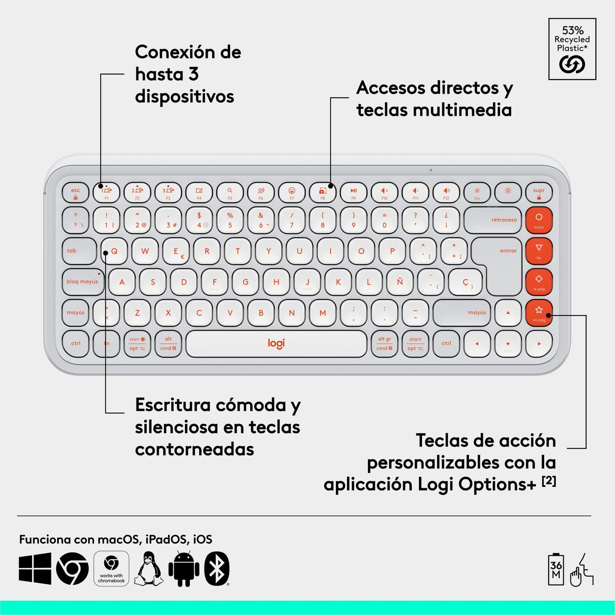 Teclado Esoañol Logitech Pop Icon Keys  Inalámbrico Bluetooth Le Qwerty Español Blanco Apagado Naranja