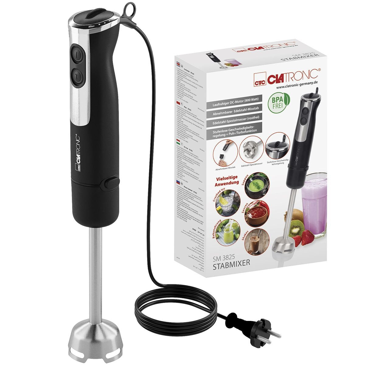Batidora De Inmersión Clatronic Sm 3825 De 800 W, Color Negro, Acero Inoxidable.