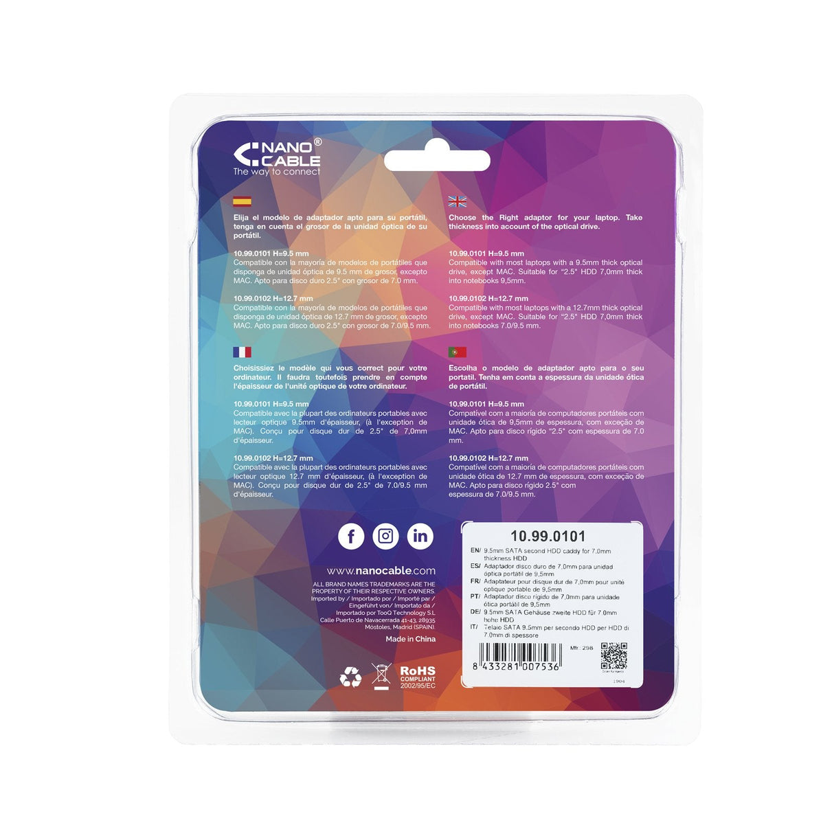 Nanocable Adaptador De Disco Duro De 7.0 Mm Para Unidad Optica De 9.5 Mm En Portatil