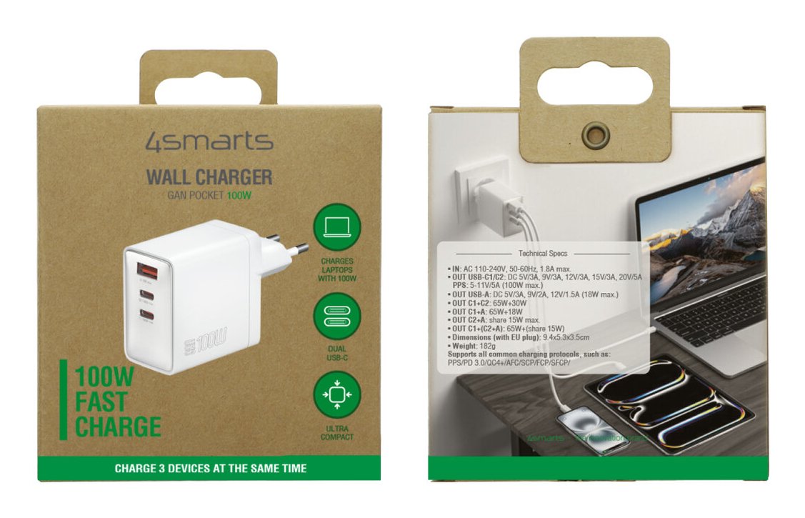 4smarts Netzladegert Gan Pocket 100w 2c+1a, Weiss