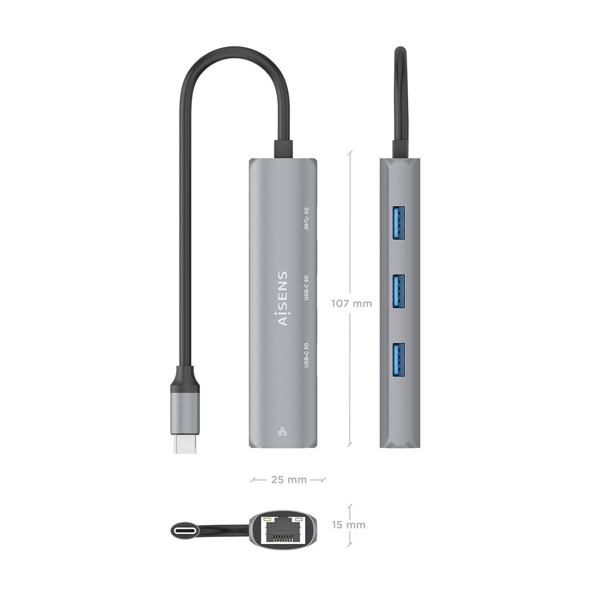 Aisens Dock Usb-C A Ethernet Gigabit + Hub 2xusb-C+1xusb-A, Gris, 15cm