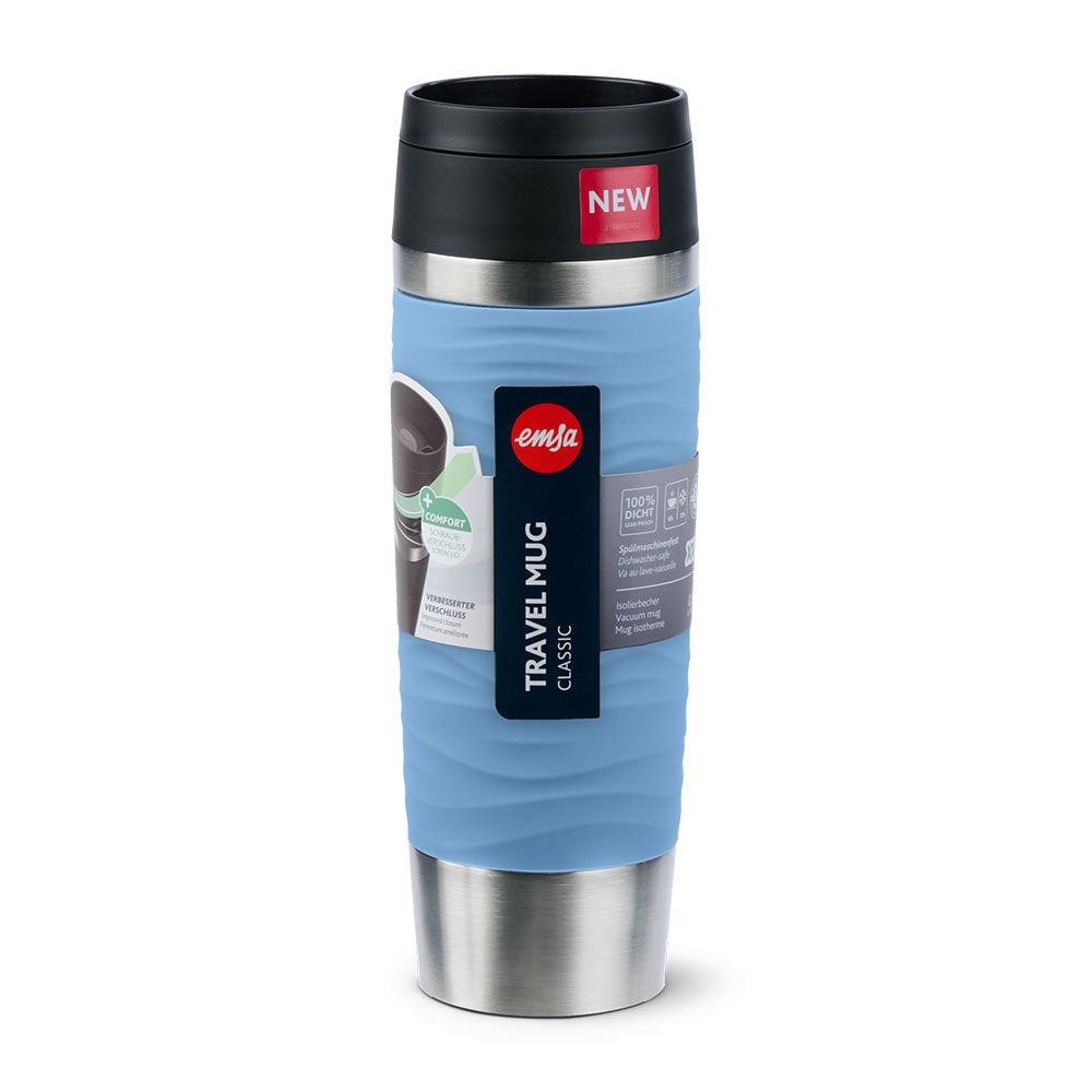 Emsa Travel Mug Taza Térmica Waves Grande Azul Claro/Acero Inoxidable, 0,5 Litros N2022600