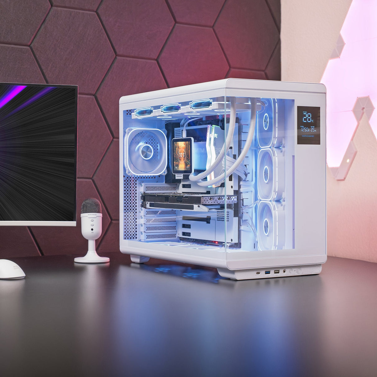 Caja Pc  Atx Mars Gaming Mc-Revpro Pantalla Lcd 4.3" Cristal Templado 4x Ventiladores Argb Blanco