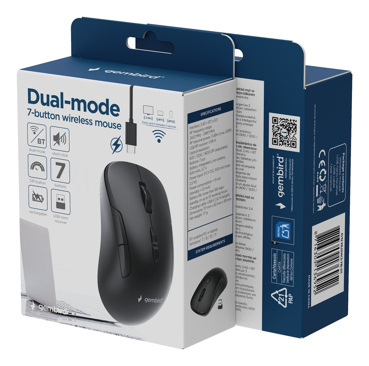 Gembird Dual-Mode 7-Button Wireless Mouse 2.4g + Bt Black