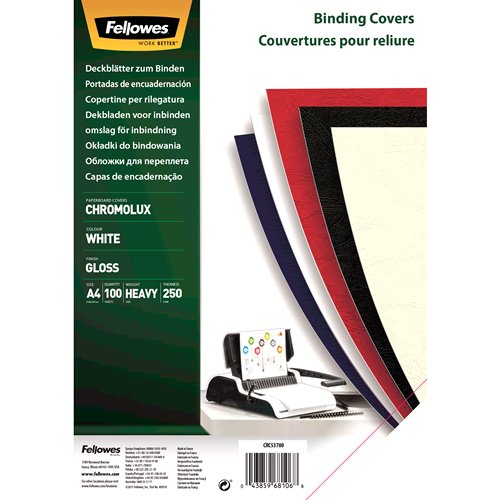Fellowes Pack De 100 Papel Para Contraportada De Documento - A4 - Acabado En Brillo - 250 Grs - Certificacion Fsc