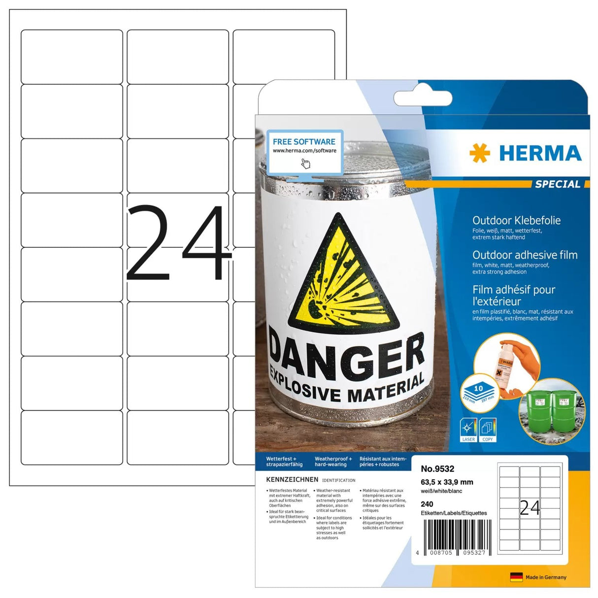 Etiqueta Herma. Film Adhesivo Exterior A4 Blanco 63,5x33,9 Mm 240 Piezas.