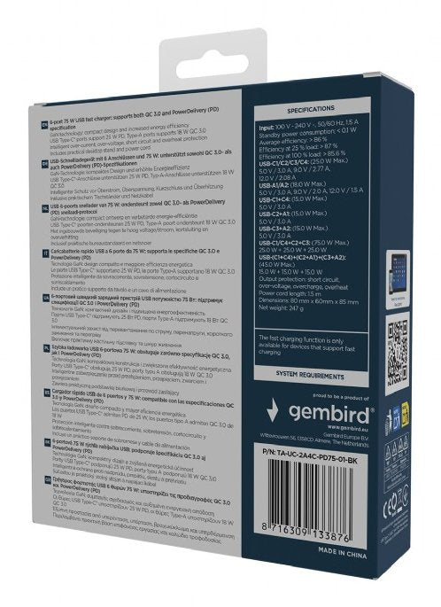 Cargador Rapido Gembird Usb Gan De 6 Puertos 75 W Negro