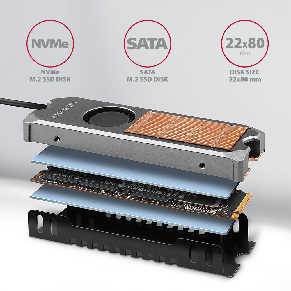 Axagon Clr-M2fan Sistema De Refrigeración Para Ordenador Unidad De Estado Sólido Disipador Térmico/Radiador Gris 1 Pieza(S)
