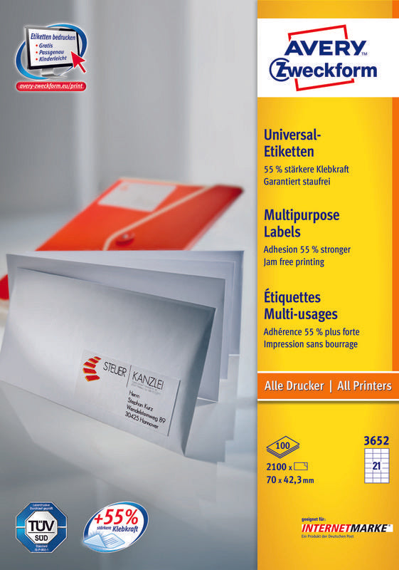 Avery 3652z Etiqueta Autoadhesiva Rectángulo Blanco 2100 Pieza(S) 70 X 42,3mm, A4