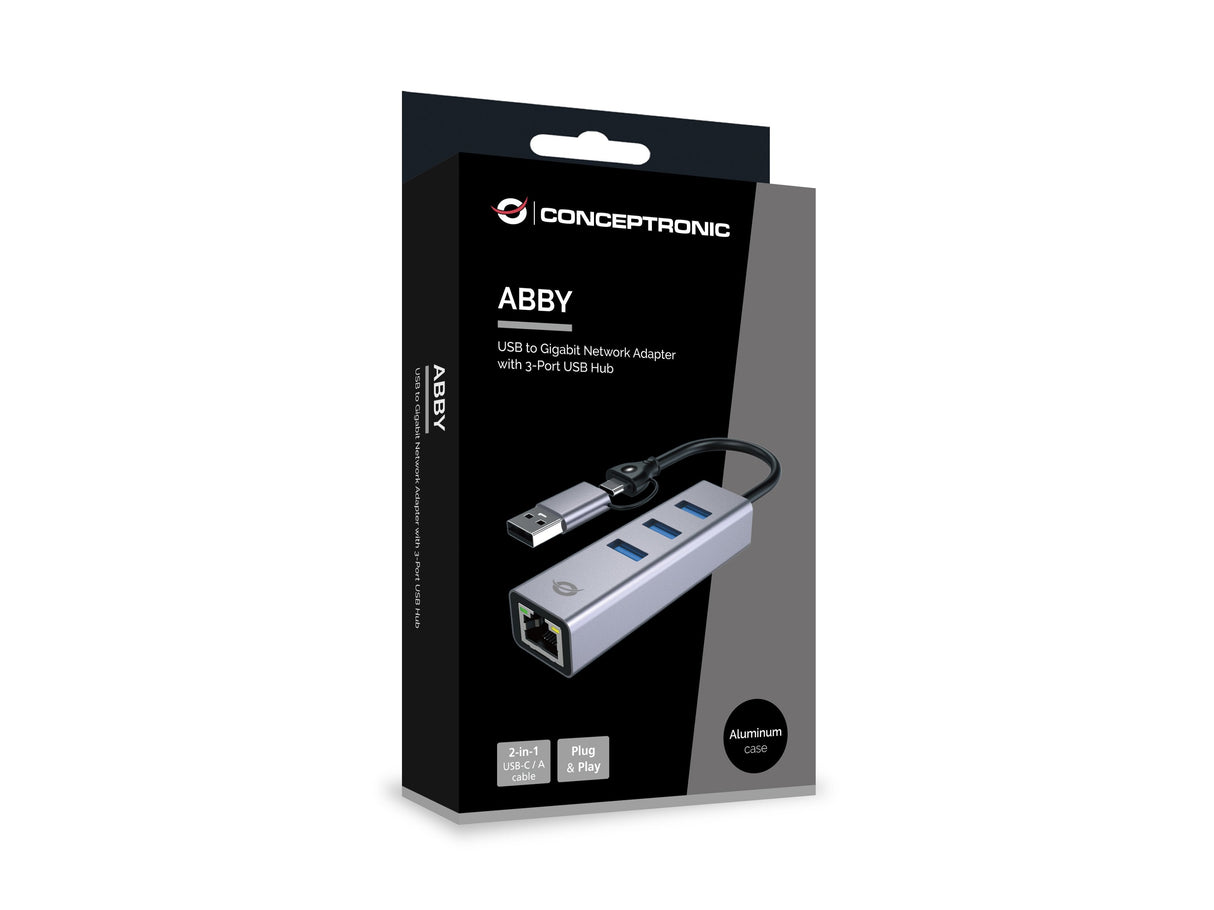Adaptador Usb-C/Usb-A Ethernet Rj45 Conceptornic Abby25f Con Hub Usb 3,2 X3 Puertos