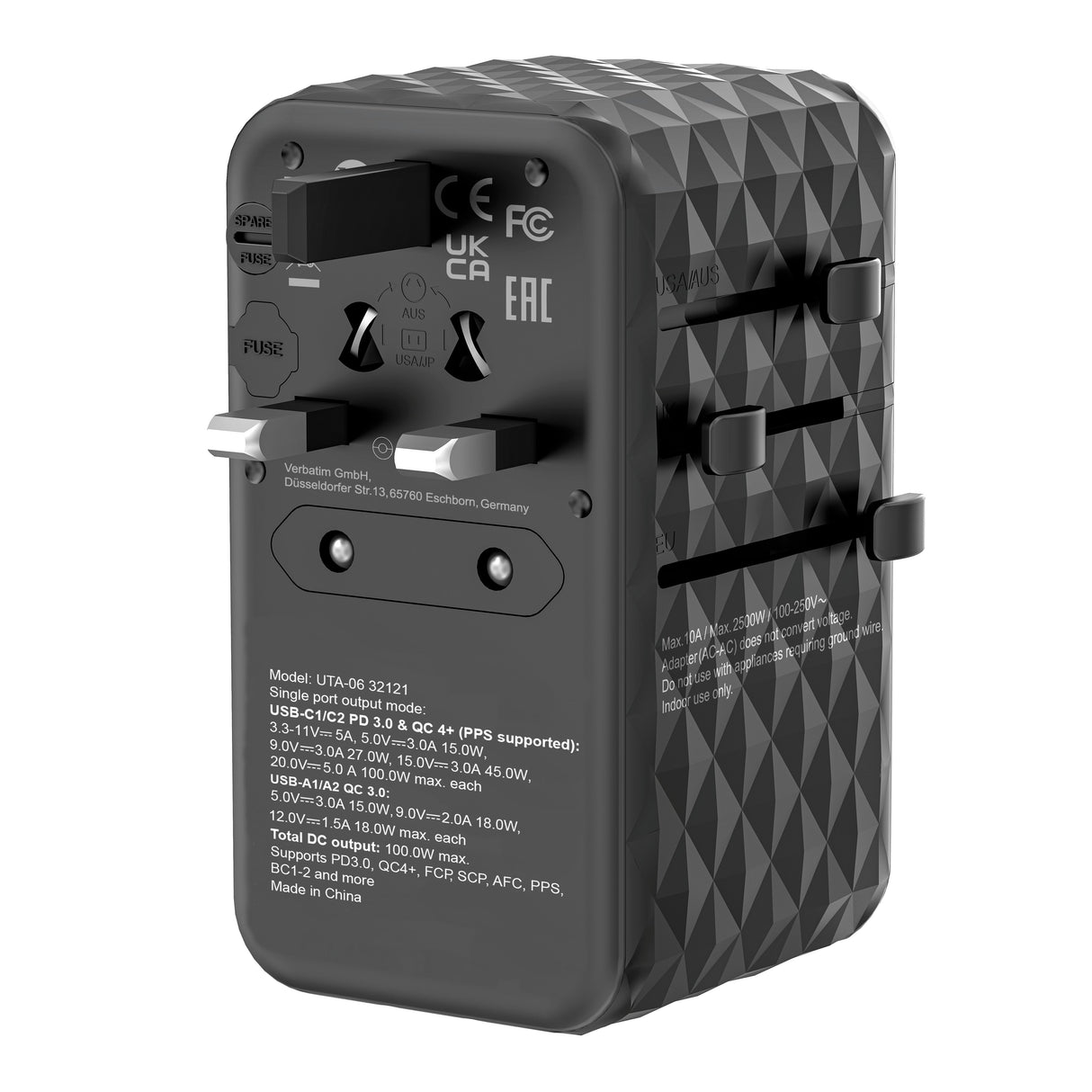 Cargador De Pared Universal Verbatim Uta-06 Gan Iii Toma De Corriente Universal 2xusb Tipo-C 2xusb 100w