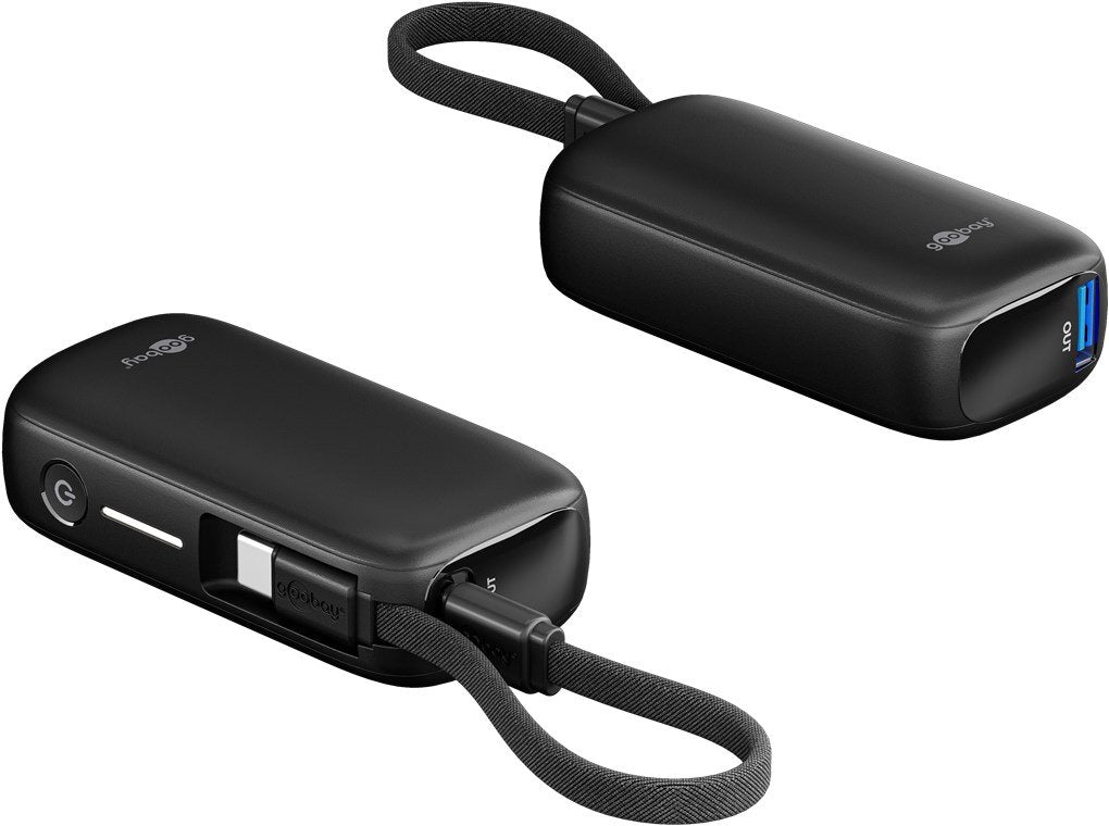 Goobay Powerbank 5.000 Mah, Integriertes Usb-C Cable 13cm, 20 Watt (Negro, 5 Ah, 1x Usb-A, 1x Usb-C, Pd, Qc) 76250