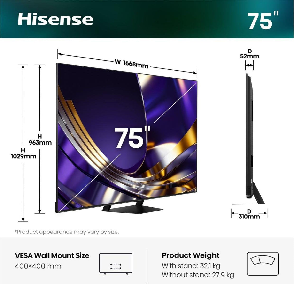 190,5 Cm (75") 3840 X 2160 Pixel Hisense Germany Gmbh 20019322 16:9 4k Ultra Hd Dled 8 Ms Smarttv Hdmi Vesa 400 X 400 Mm Lan Wifi Speaker Vidaa