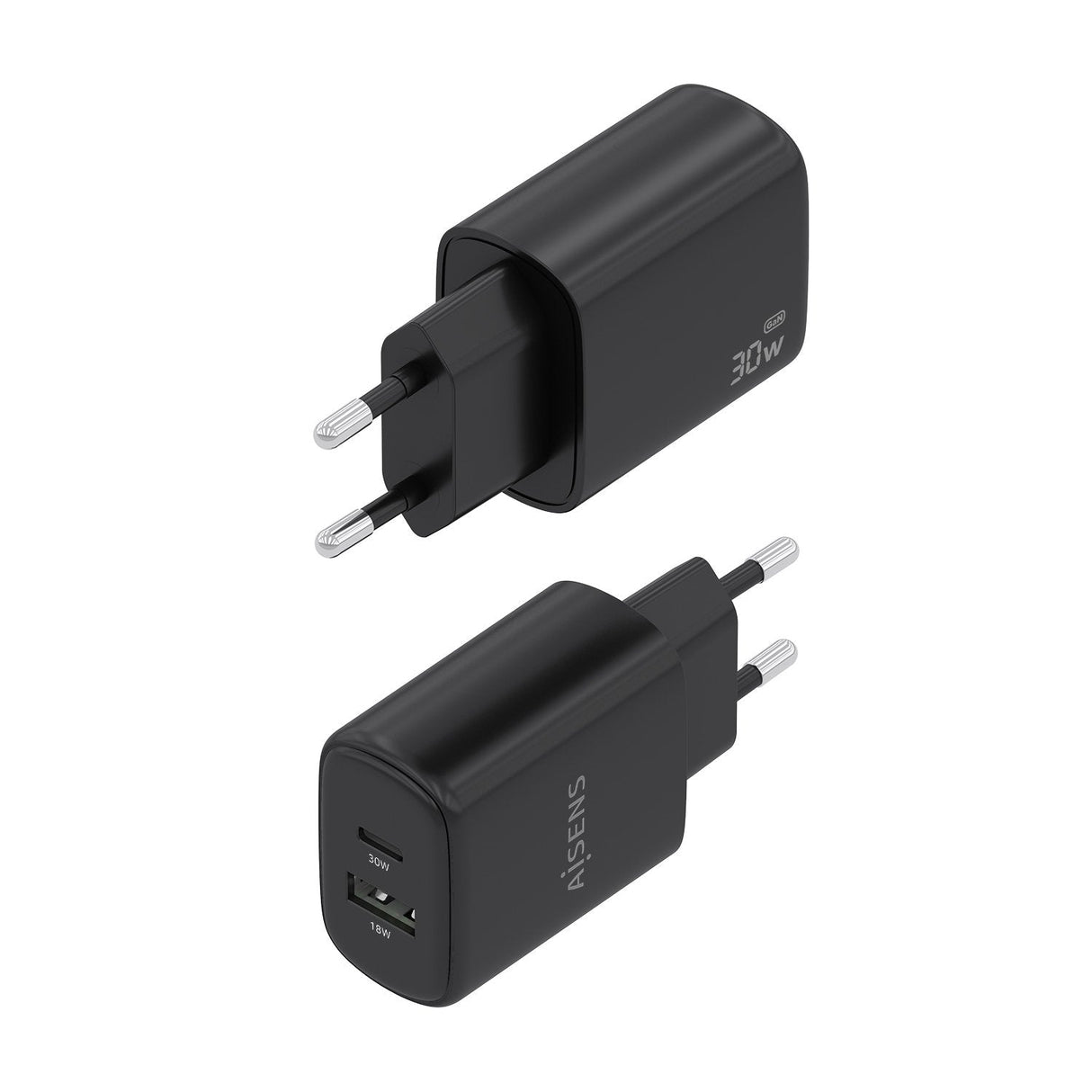 Aisens Cargador Gan 30w, 1xusb-C Pd3.0 Qc4.0, 1xusb-A Qc3.0, Negro