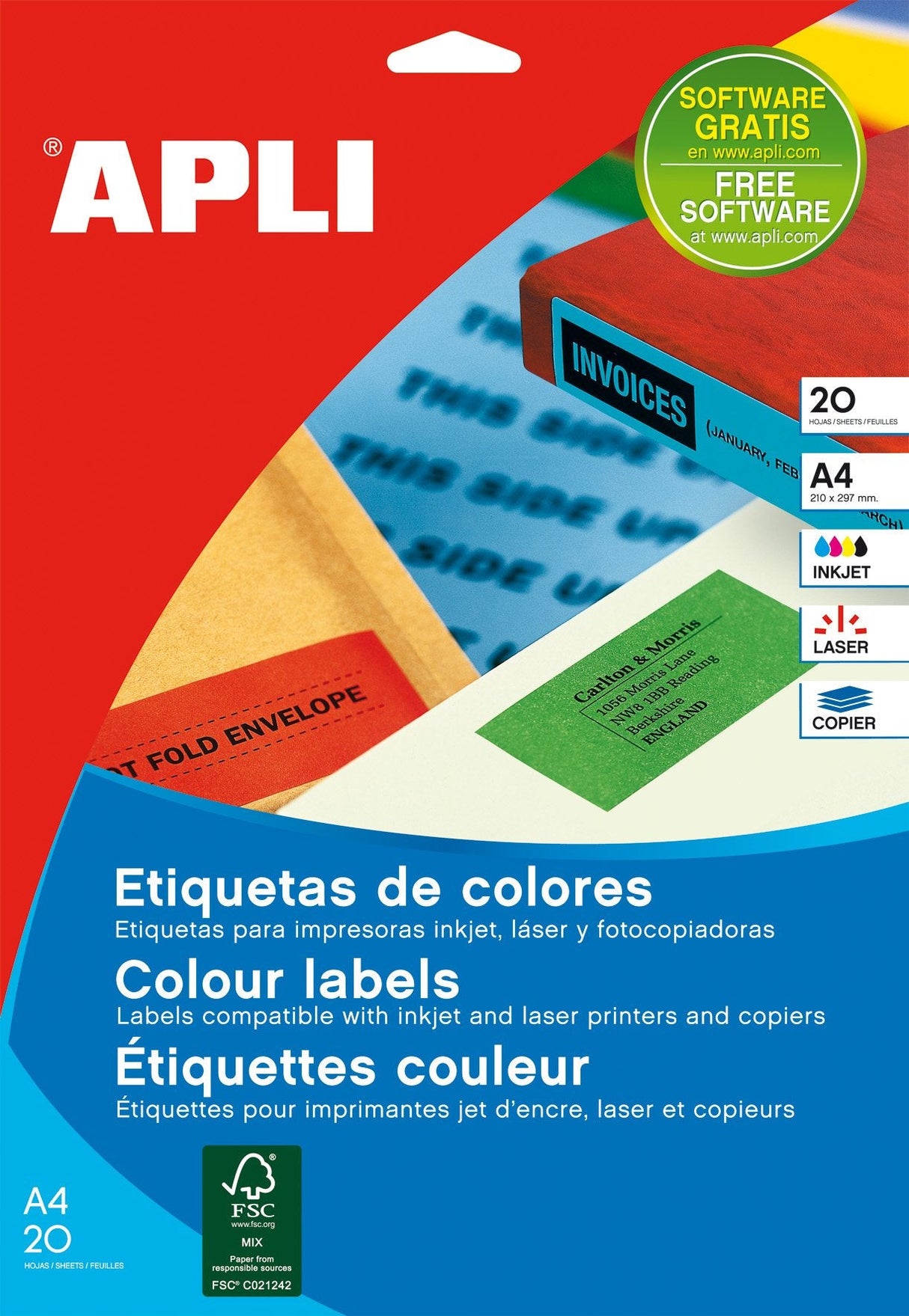 Apli Etiquetas Adhesivas 210x297mm Inkjet/Láser C/Rectos 1 X 20h Rojo