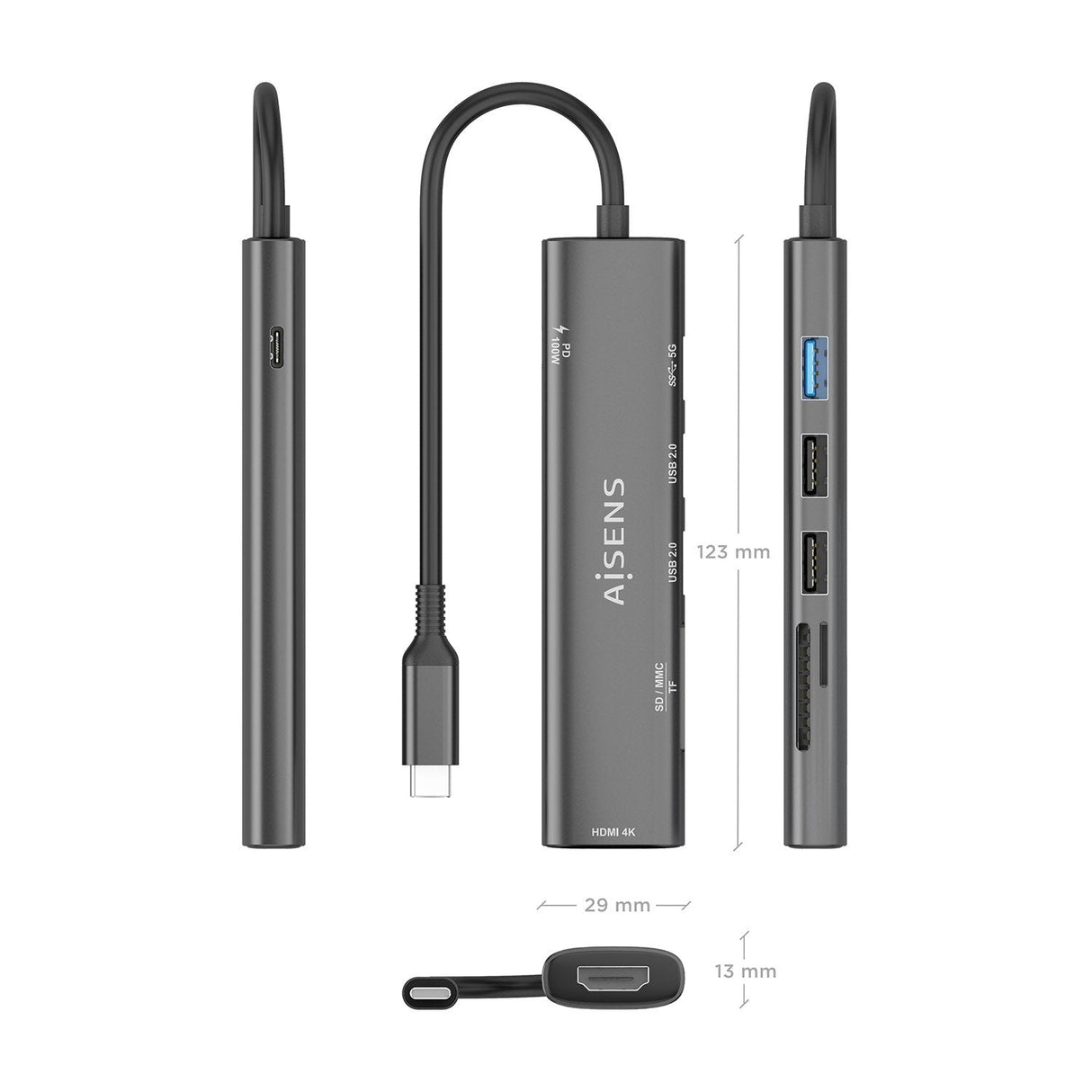 Aisens Usb-C Dock 7 En 1, Usb-C A 1xhdmi, 2xusb-A Usb2.0, 1xusb-A Usb3.0, 1xusb-C Pd 100w, 1xsd, 1xmicro Sd, Gris, 15cm
