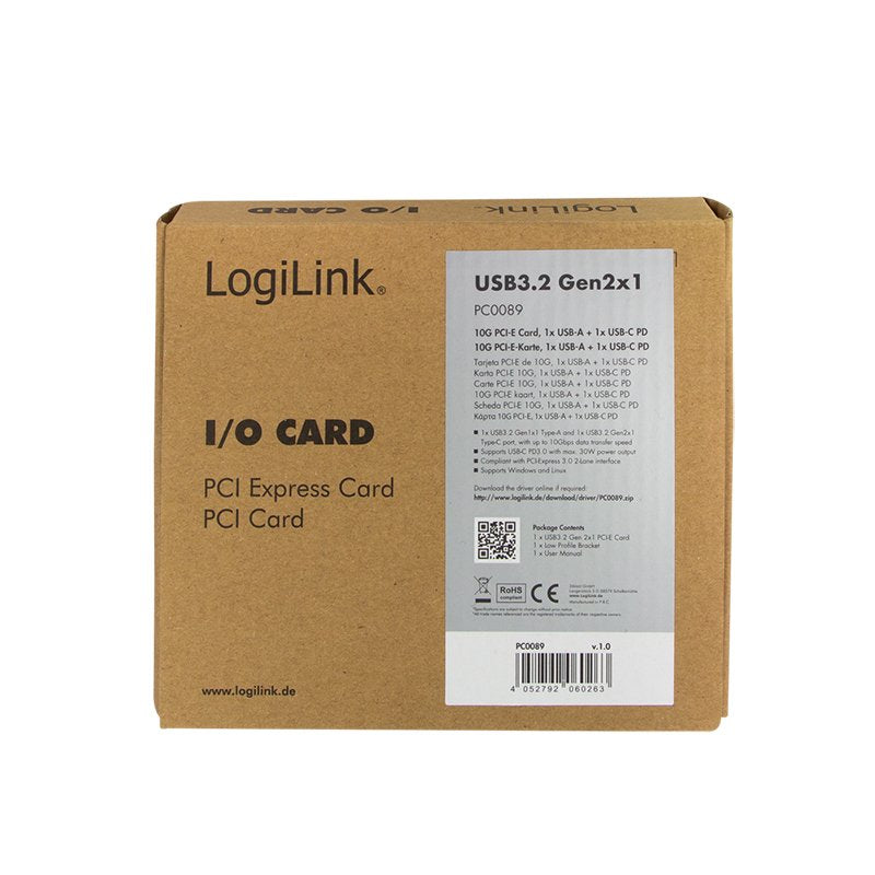 Logilink Pc0089 Pci Express Card Usb 3.2 1x Usb-C Pd 3.0 And 1x Usb 3.0