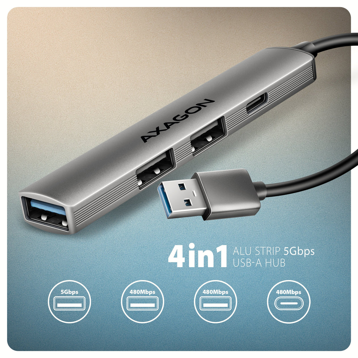 EAN 8595247909329 - Axagon HUB USB HUE-STA, 4x USB ALU STRIP hub, 1x USB-A 5Gbps, 2x USB-A & 1x USB-C 480Mbps, kabel USB-A 12 imagen 2