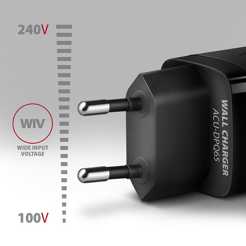 Cargador Acu-Dpq65, 2x Usb-C, 1x Usb-A, Pd3.0/Qc4+/Pps, 65w - Negro