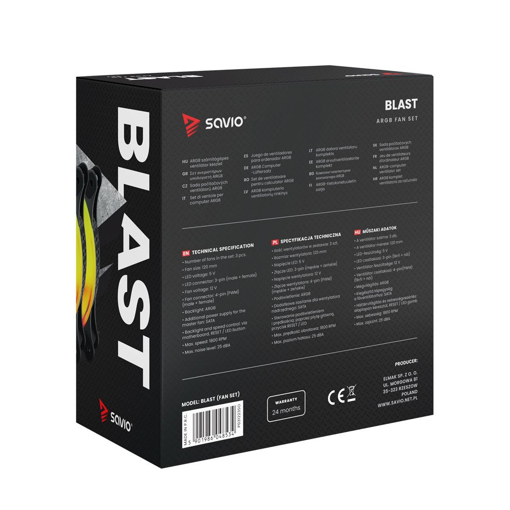 Juego De 3 Ventiladores Argb Savio Blast 3 X 120 Mm 3 Pines 5 V 4 Pines 12 V