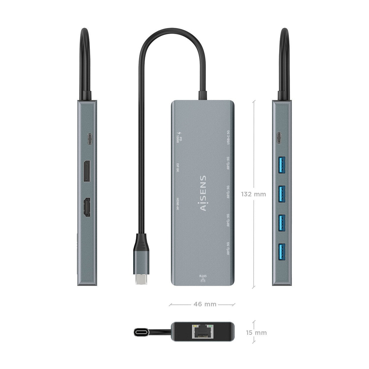 Docking Usb Tipo-C Aisens Asuc-9p051-Gr 1xdisplayport 1xhdmi 4k 4xusb 1xusb Tipo-C 1xrj45 1xusb Tipo-C Pd Gris
