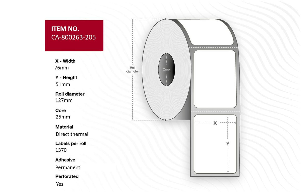 Label 76 X 51mm, Core 25mm,  Direct Thermal, Coated,