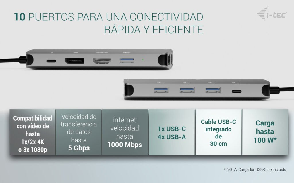 Docking Station I Tec Usb Tipo C 10 En 1 + Cargador Universal 100w