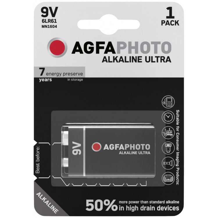 Agfaphoto Pila Alcalina, E-Block, 6lr61, 9v Ultra, Retail Blister (1-Pack)