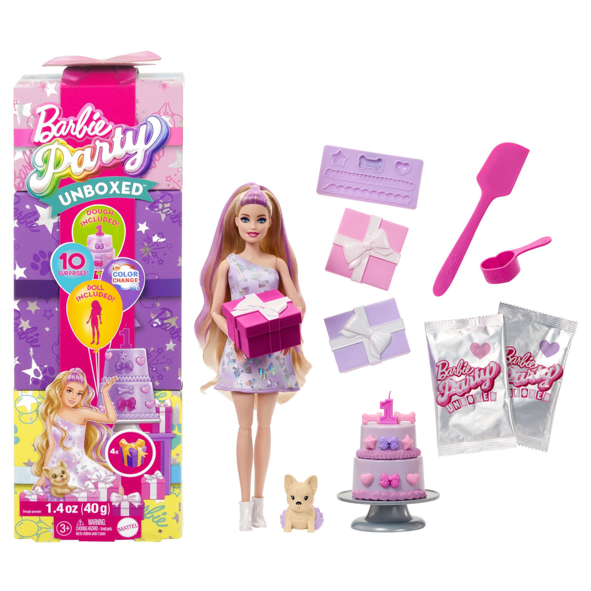 Mattel Barbie Party Unboxed Haustier Geburtstag Serie - Lila Kleid Jfg70