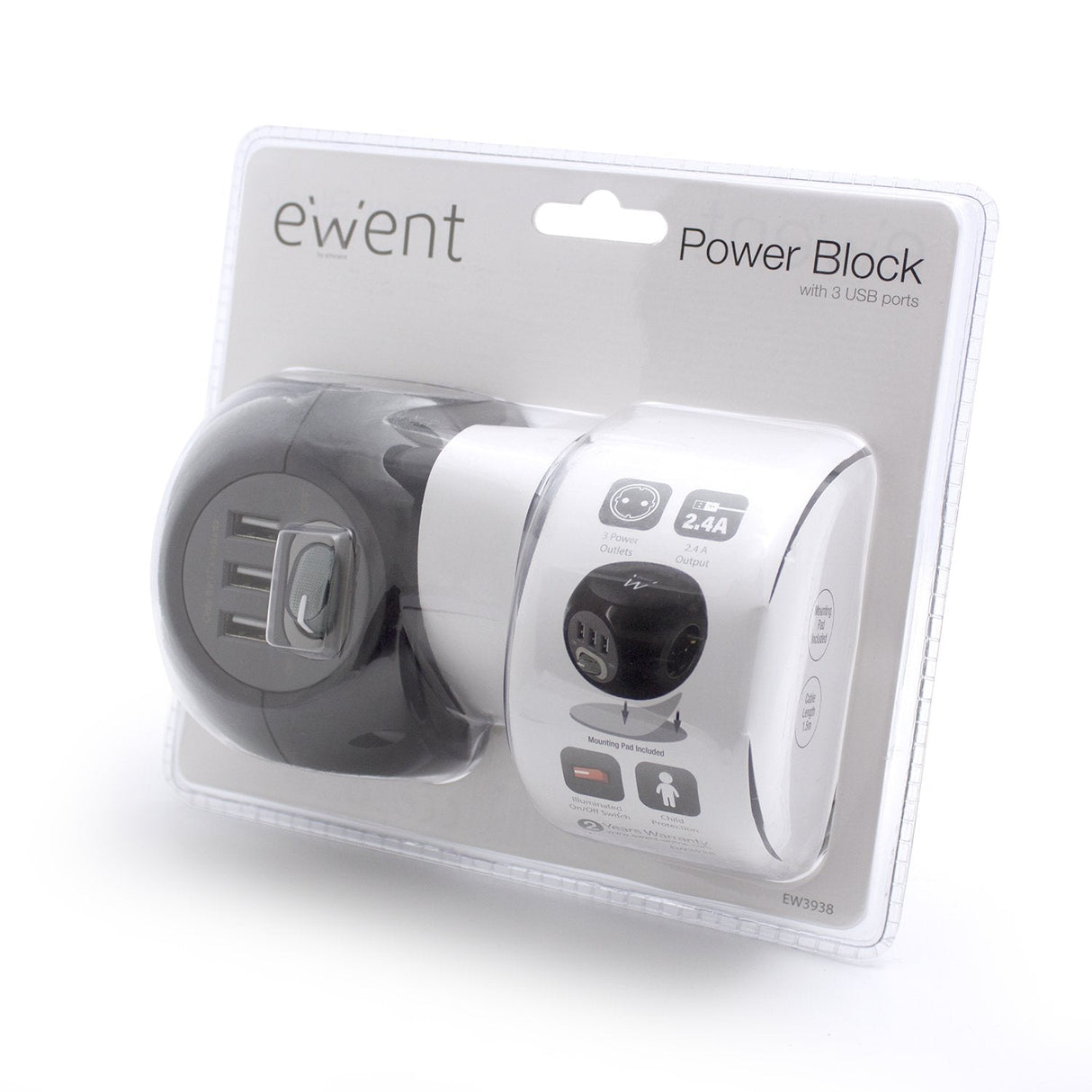 Ewent Ew3938 Regleta Cubo 3 Tomas Shucko + 3 Usb