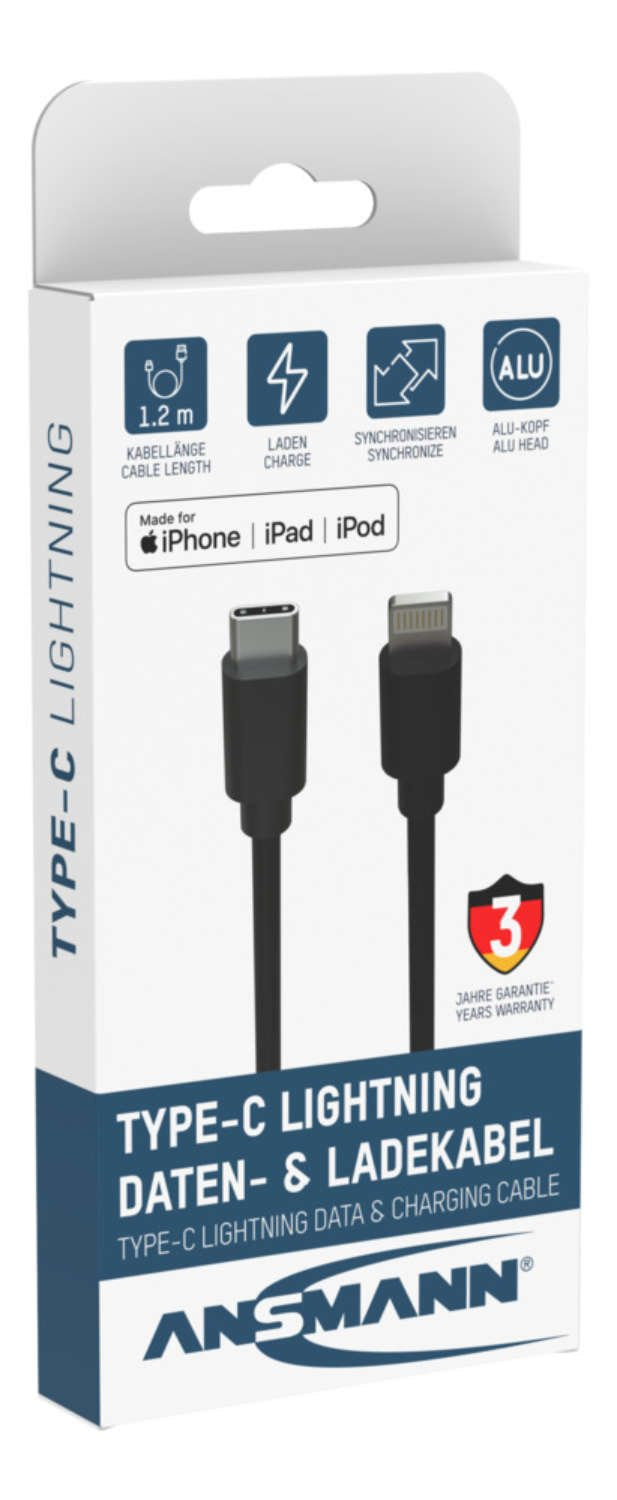 Ansmann Cable Usb 2.0 Usb-C > Lightning Negro, 1,2 Metros, Carga Con Hasta 60 Vatios 1700-0106