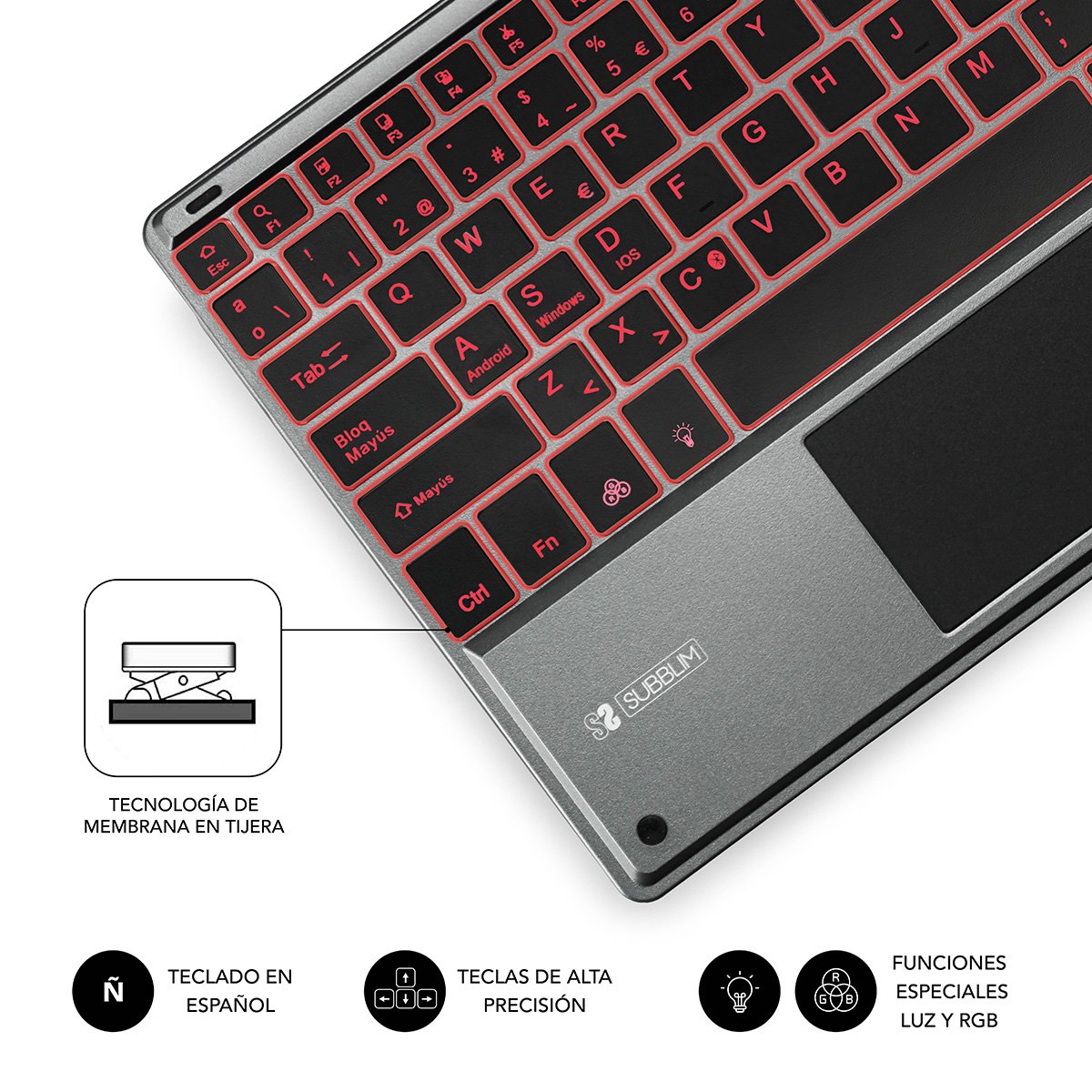 Teclado Bluetooth Subblim Smbt51 Con Touchpad Smart Blacklit Grey Bt 3.0 Teclas Iluminadas Batería 420mah Compatible Multidispositivo