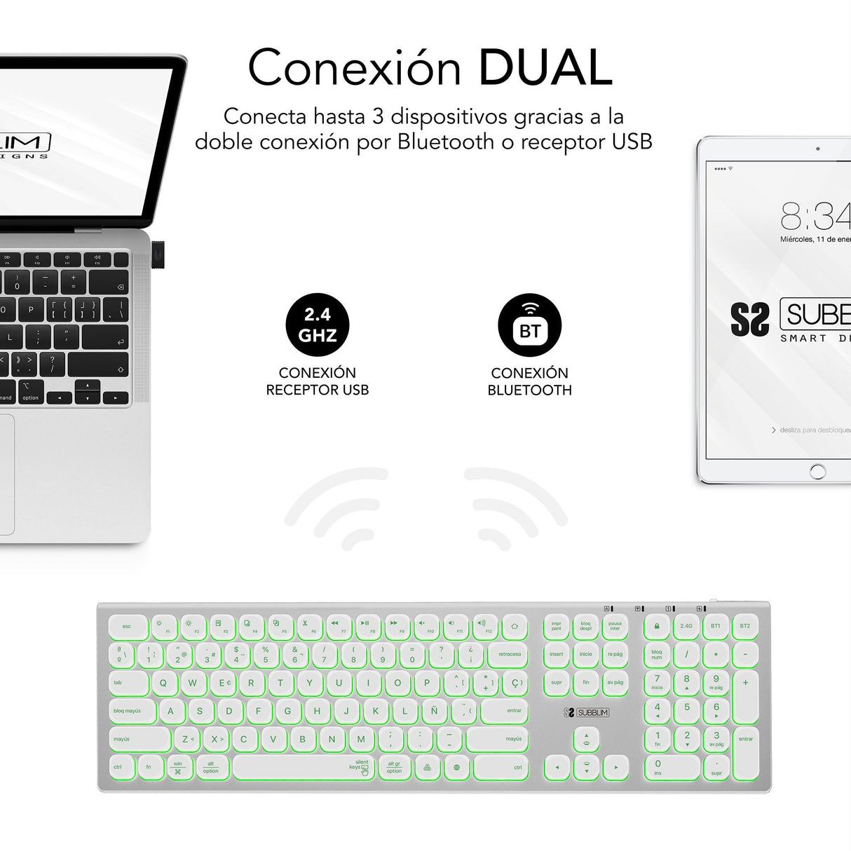Teclado Español Inalámbrico Subblim Master Plata Y Blanco