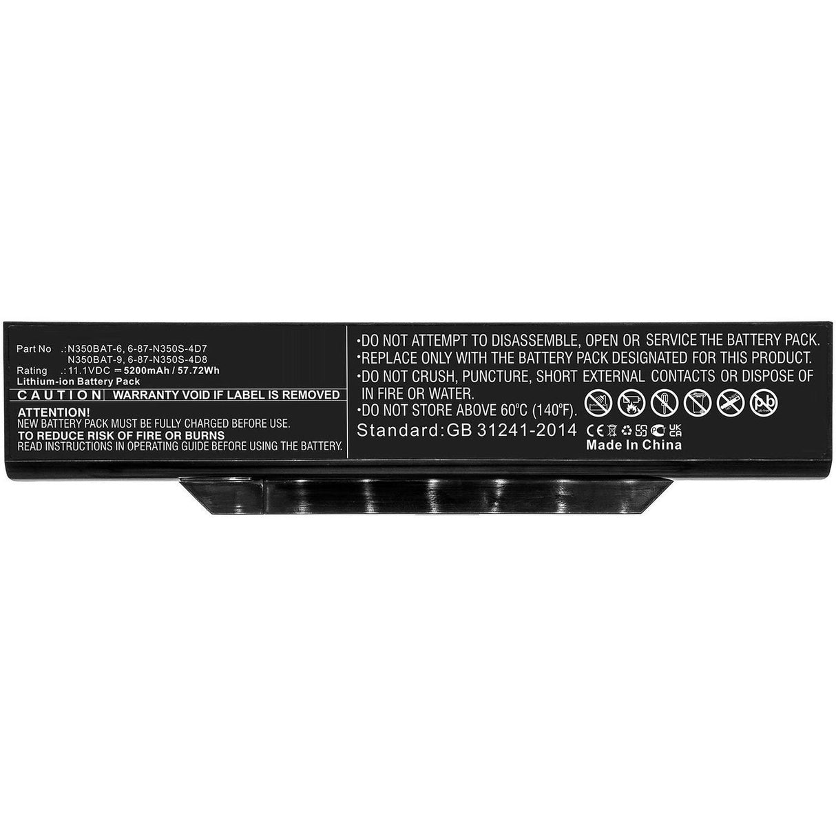 Battery 57.72wh Li-Ion 11.1v  5200mah, Black For Clevo