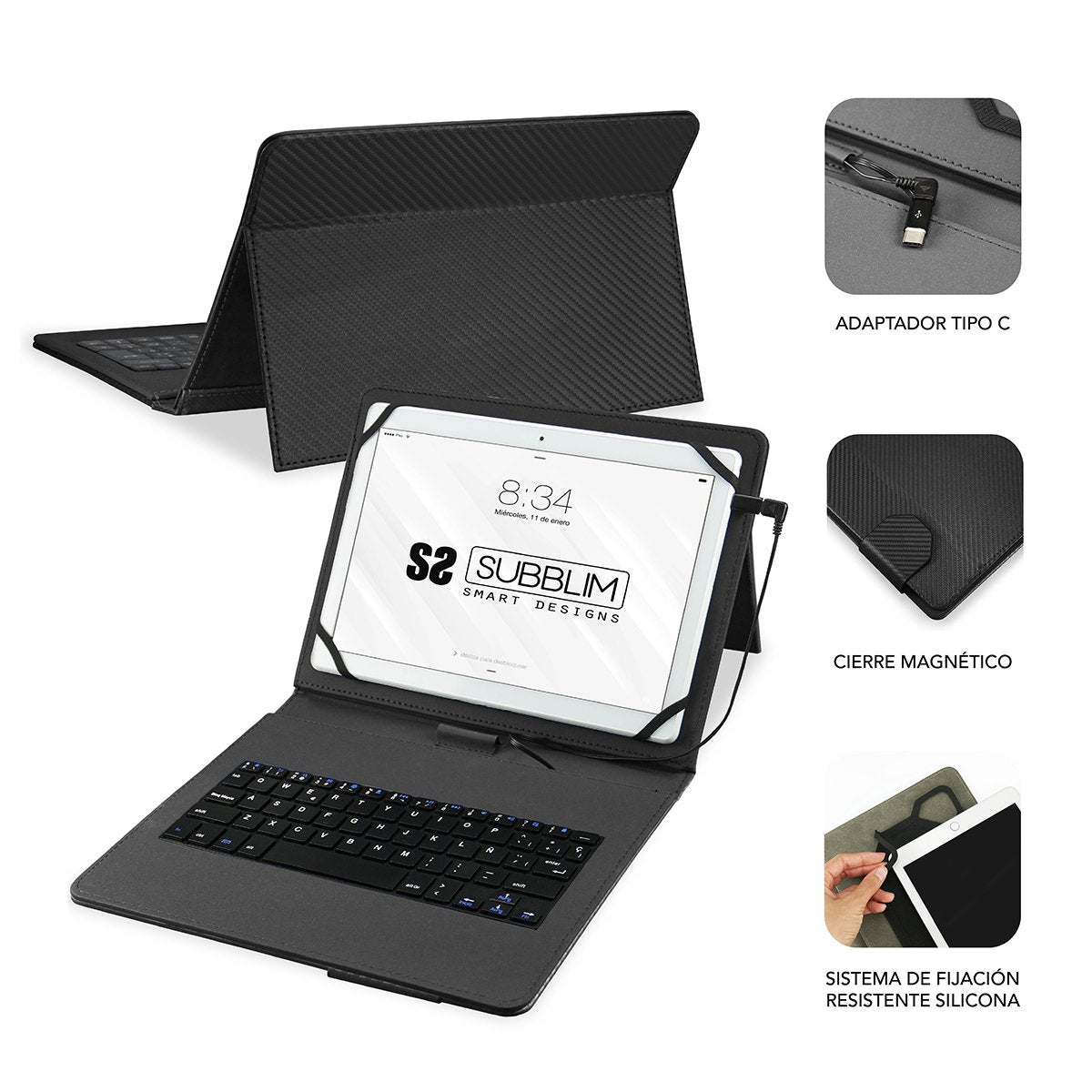 Funda Con Teclado Subblim Keytab Pro Usb Black Para Tablet De 10.1'/25.65cm Microusb Con Adaptador Tipo-C Cierre Solapa Magnética